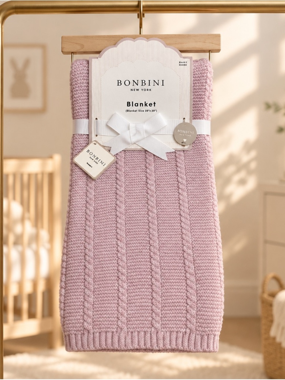 Bonbini Soft Pink Cable Knit Throw Blanket